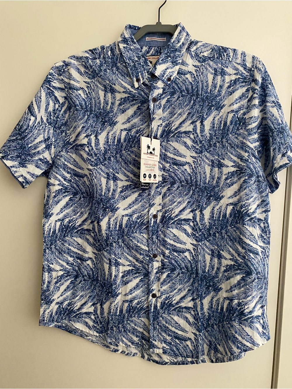 Report Collection Blue & White Tropical Print Short-Sleeve Button-Down Shirt